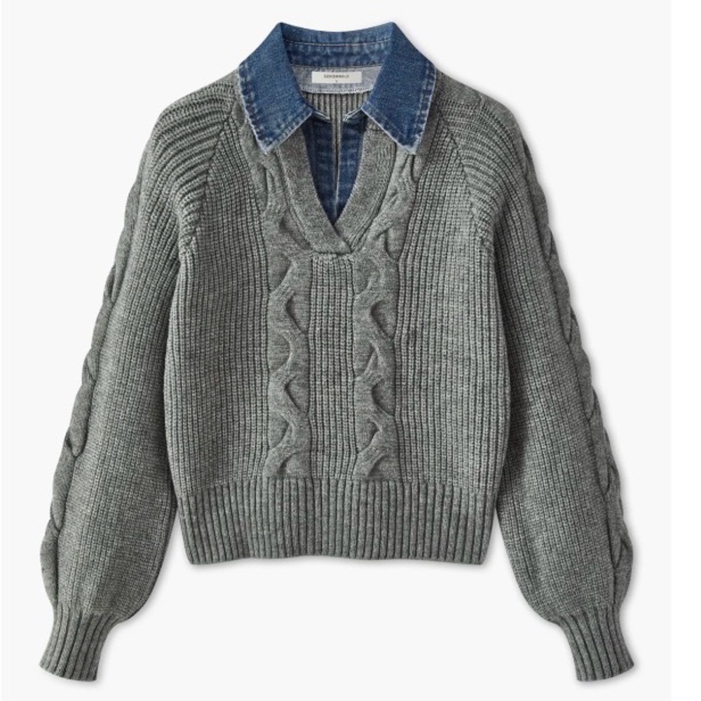 Cable Knit Sweater with Chambray Collar